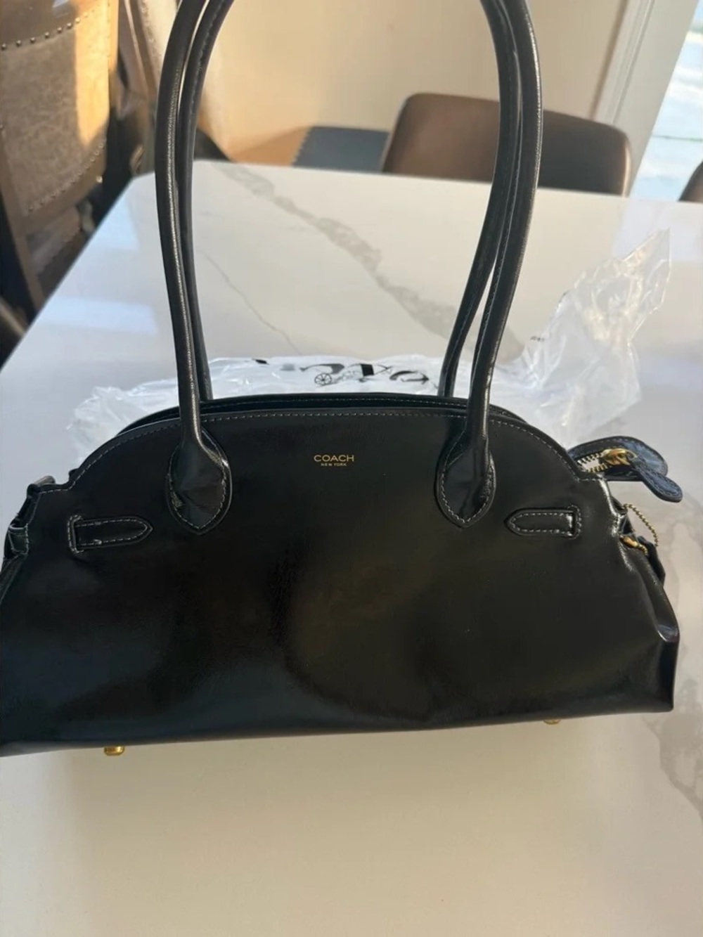 Coach Black Leather Dome Shoulder Bag with Gold Hardware